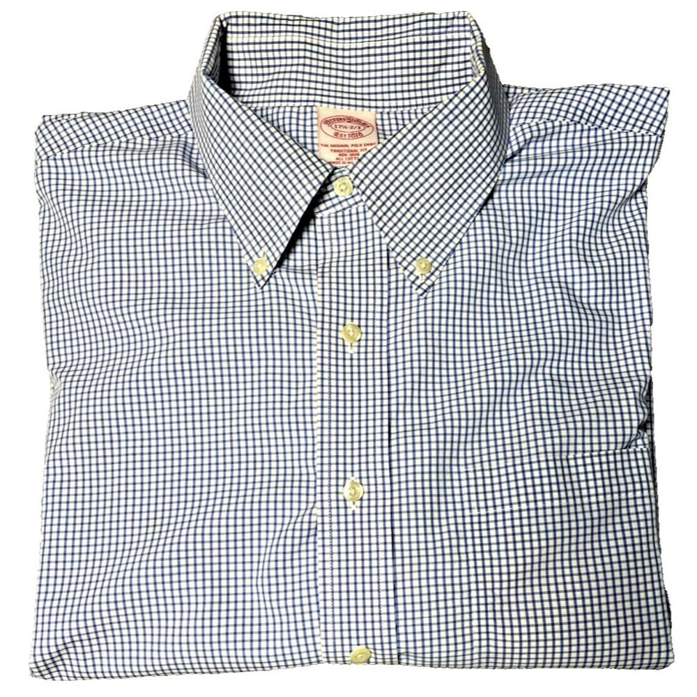 Brooks Brothers Dress Shirt 17.5 2/3 Blue Check Non Iron Point Collar Cotton